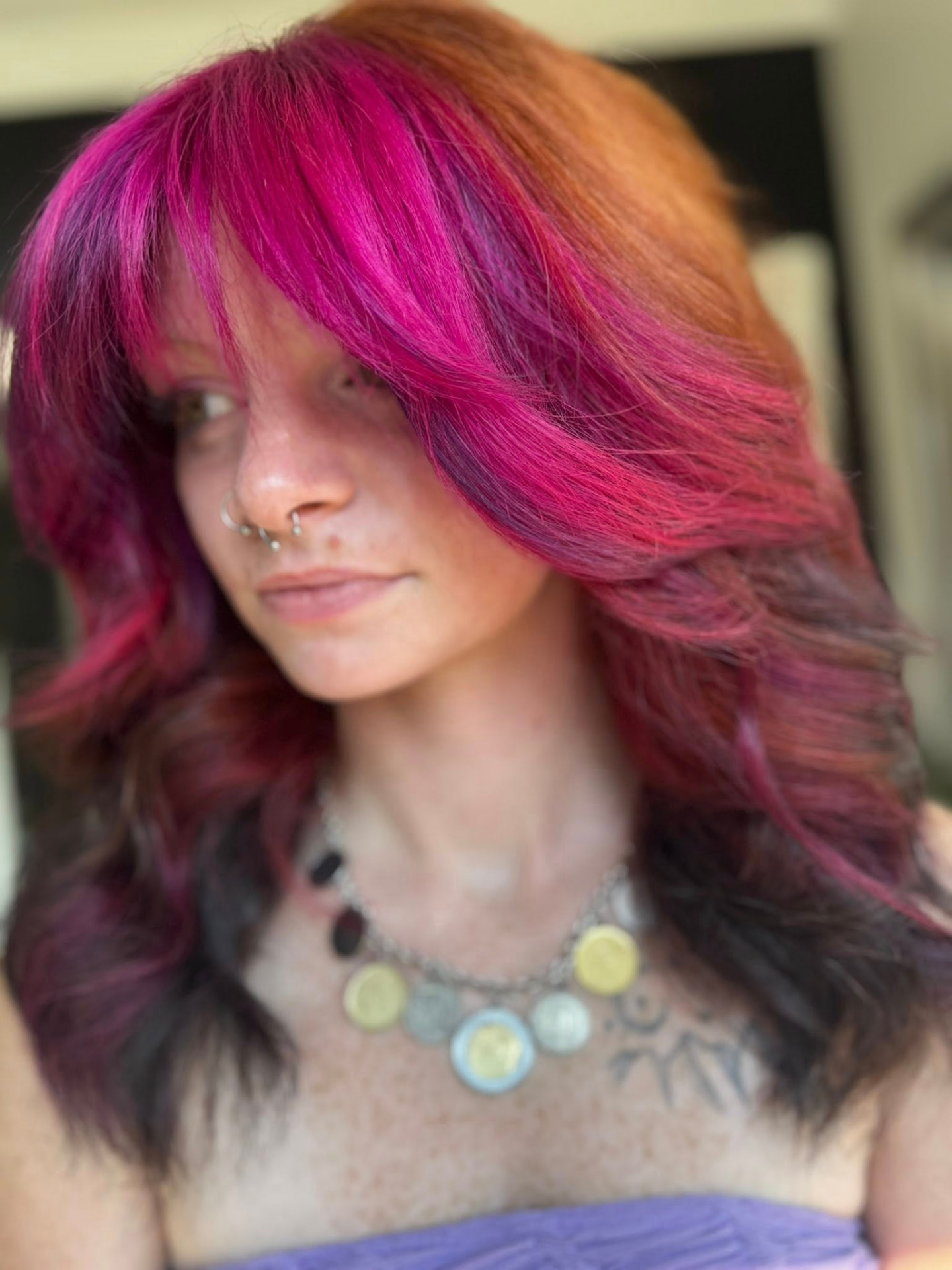 Magenta and copper color-blocked layered hair